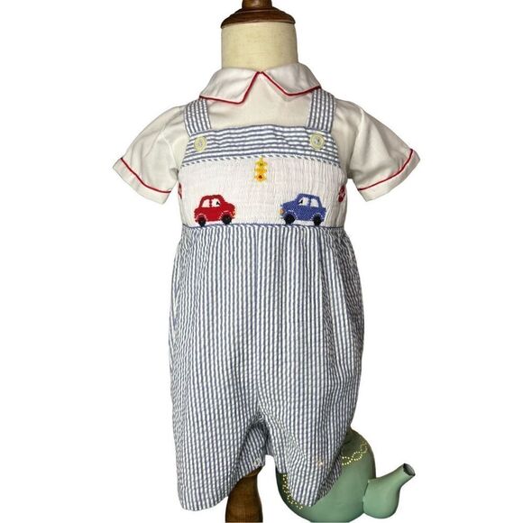 Vintage Charm! Seersucker Car Romper w/ Snaps & Buttons (Approx. 18-24 Months) - Picture 1 of 9